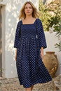 Navy  Polka Dot Shirred Midi Dress, Image 2 of 4