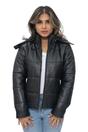 Black Womens Puffer Leather Bomber Jacket-Ajax, Image 2 of 6