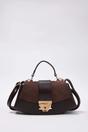 Dark Brown Women's Faux Suede Panel Mini Grab Bag with Push Lock Closure, Image 1 of 3