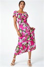 Fuchsia Tropical Bardot Stretch Midi Dress, Image 1 of 5
