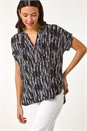Black Abstract Print V-Neck Button Top, Image 1 of 5