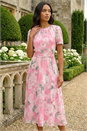 Pink Floral Print Pleat Neck Midi Dress, Image 2 of 4