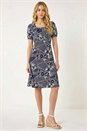 Navy  Patch Print Gathered Stretch Dress, Image 1 of 5