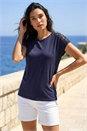 Navy  Lace Panel Detail T-Shirt, Image 2 of 4