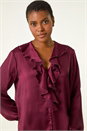 Wine Ruffle Front V-Neck Satin Blouse, Image 2 of 6