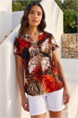 Rust Leaf Print Pintuck Stretch Top, Image 2 of 4