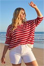 Red Curve Crochet Stripe Knit Top, Image 1 of 4