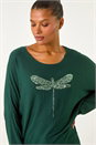 Green Dragonfly Print Sequin Knitted Stretch Top, Image 1 of 5