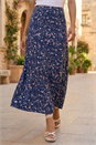 Navy  Floral Print Elastic Waist Midi Stretch Skirt, Image 2 of 4