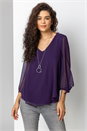 Purple Necklace Trim Jersey 3/4 Sleeve Chiffon Top, Image 1 of 5