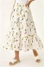 White Petite Floral Print Shirred Midi Skirt, Image 1 of 5