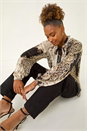 Black Animal Print Tie Neck Pleated Top, Image 2 of 5