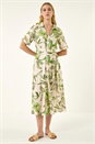 Green Floral Tie Waist Shirt Dress, Image 2 of 5