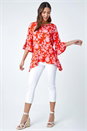 Orange Floral Print Frill Detail Peplum Top, Image 2 of 5