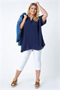 Navy  Curve Linen Look  V-Neck Longline Top, Image 2 of 5