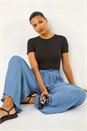 Denim Pleated Wide Leg Stretch Culottes, Image 2 of 5