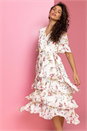 Cream  Floral Chiffon Frill Tiered Wrap Midi Dress, Image 3 of 5