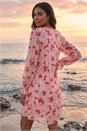 Light Pink Rose Print Ruffle V-Neck Smock Dress, Image 2 of 4