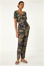 Navy  Leaf Print V-Neck Jumpsuit, Image 2 of 5