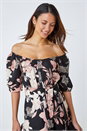 Black Floral Linen Blend Bardot Midi Dress, Image 4 of 6