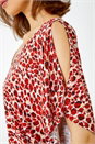 Red Animal Print V-Neck Cold Shoulder Stretch Top, Image 5 of 5