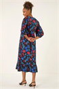 Blue Floral Print Lace Trim Midi Dress, Image 3 of 5