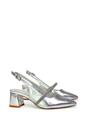 Silver XY LONDON Silver 'Sandie' Sling Back Strappy Pointed Toe Diamante Mid Block Heels, Image 2 of 4