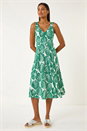 Green Leaf Print V-Neck Stretch Midi Dress, Image 2 of 5