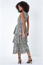 White Abstract Zebra Print Tiered Midi Dress, Image 3 of 5