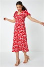 Red Floral Print Lace Back Midi Dress, Image 2 of 5