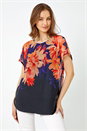Navy Floral Print Overlay Stretch Top, Image 1 of 5