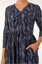 Blue Textured Wave Print V-Neck Midi Dress, Image 5 of 5
