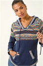 Midnight Blue Nordic Print Hooded V-Neck Jumper, Image 1 of 5