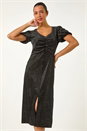 Black Velvet Ruched Front Stretch Midi Dress, Image 4 of 5