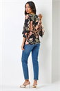 Black Tropical Print V-Neck Ruched Tunic Top, Image 2 of 5