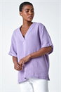 Lilac Textured Cotton Relaxed V-Neck T-Shirt, Image 1 of 6