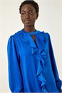 Royal Blue Ruffle Front Keyhole Satin Top, Image 4 of 5