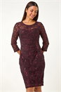 Wine Sequin Lace Ruched Stretch Dress, Image 2 of 5