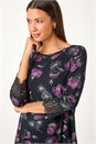 Black Floral Print Lace Detail Stretch Top, Image 1 of 5