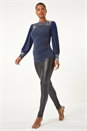 Navy  Sequin Yoke Mesh Sleeve Top, Image 2 of 5