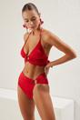 Red Halterneck Ring Detail Ruched Bikini Set, Image 1 of 4
