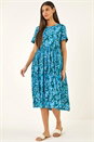 Blue Leaf Print Smock Midi Dress, Image 2 of 5