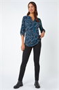 Teal Textured Leaf Print Stretch Shirt, Image 2 of 5