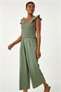 Khaki Cotton Linen Blend Frill Jumpsuit, Image 2 of 5