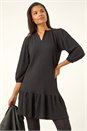 Black Textured V-Neck Frill Hem Smock Dress, Image 1 of 5