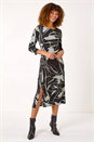 Black Abstract Side Ruched Midi Dress, Image 2 of 7