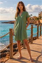 Khaki Front Pleat Curved Hem Shift Dress, Image 2 of 4