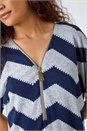 Navy  Zip Front V-Neck Zig Zag Top, Image 5 of 5