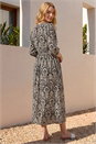 Black Abstract Print V-Neck Midi Dress, Image 3 of 4