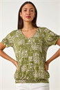 KHAKI Floral Print Bubble Hem Top, Image 4 of 5